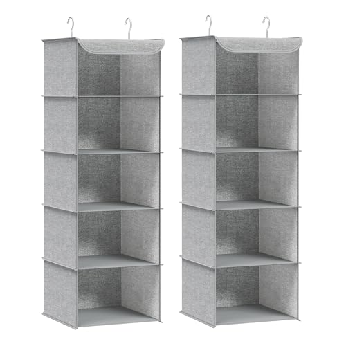 SONGMICS Étagère Suspendue, Lot de 2, Organisateur, Penderie, Pliable, Gain de Place, Rangement Placard, avec Crochets en Métal, Renfort en Bambou, Motif Lin, Gris...