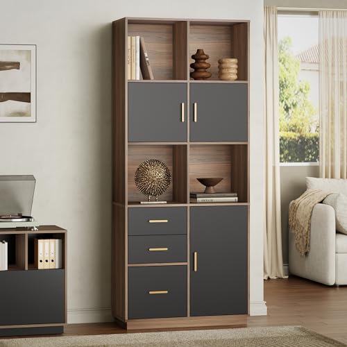 Image of ModernMate 74.6 inch Tall Bookcase with 3 Drawers & Doors, Open Cubes