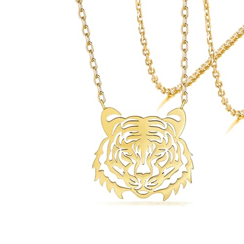 VASSAGO Tiger Animal Pendant Necklace for Women Stainless Steel Cute Africa Lions Tiger Face Necklaces Dainty Hollowed Charm Jewelry Gift