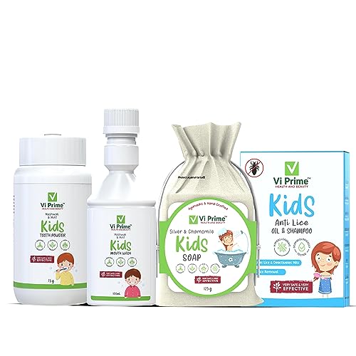 Vi Prime Kids 4 in 1 Combos for Tooth Powder, Mounth Wash, Bath Soap and Anti Lice Oil with Shampoo for Children | Best Gift For New Born Baby Pack of 4