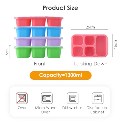 4 Pack Lunch Bento box, Five Compartment Individually Sealed Snack Box, Plastic Compartment Lunch Box with Transparent Lid, Reusable Prevent Cross Flavoring and Microwaveable(Pink/Blue/Purple/Green) - Image 2