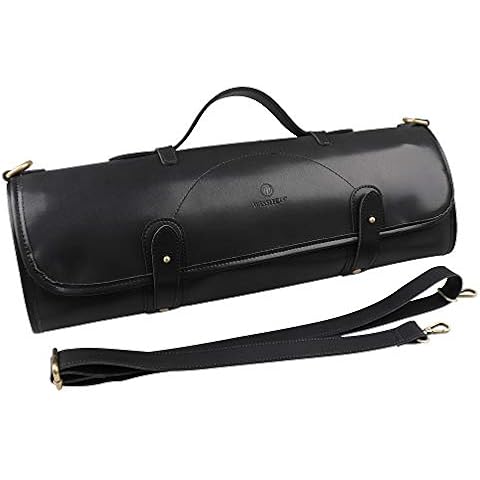 YANMUZI Chef Knife Roll Bag Durable Waxed Genuine Leather Knife Carrier Stores 10 Knives Portable Chef Knife Case,Knives Not Included,Black Cover