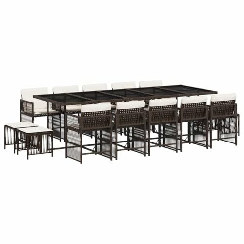 QJBSAVVA Ensemble de salle à manger de jardin en rotin synthétique avec table en verre, 10 chaises et 4 tabourets, cube peu encombrant, pour jardin et...