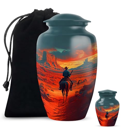 Image of Cowboy Urn - Large & Small Urns for Human Ashes Adult Male - Urn for Ashes for Women - Funeral Urns for Adult Ashes Women (Combo - 10 inch & 3 inch, 2 Pcs)