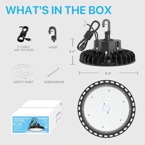 Image of HYPERLITE 4Pack LED UFO High Bay Lights 100W 14,500LM (145lm /w) 5000K 1-10V Dimmable 5' Cable with 110V Plug Hanging Hook Safe Rope UL Listed for Barn Workshop Warehouse Residential