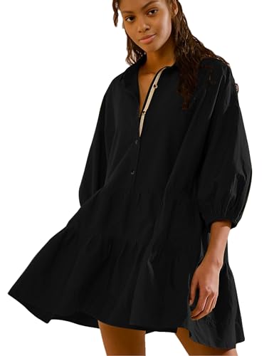 Image of HangNiFang Women's Summer Babydoll Mini Dress Flowy Puff Sleeve Tiered Button Down Oversized Tunic Dress with Pockets