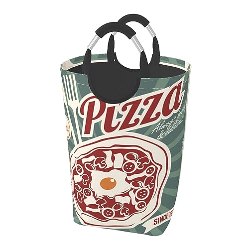 レトロなピザポスター ット ハンドル付き 洗濯かご おもちゃ 収納オーガナイザー 折りたたみ式バケツ 洗濯箱 汚れた衣類バッグ 自宅 バスルーム 寝室 寮用