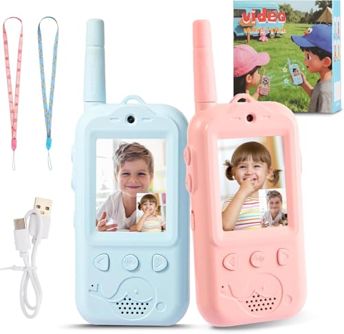 Video Walkie Talkies for Kids Dual Camera 2-Pack Rechargeable Video Intercom Long Range Walkie Talkies Voice Chat&Photo Gifts for Age 3-12 Boys Girls Indoor Outdoor Games Camping (Blue + Pink)
