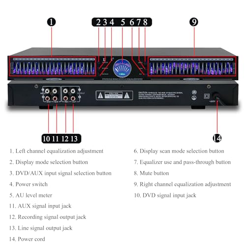 Ecualizador de audio, ecualizador gráfico estéreo de 22 bandas, montaje en rack de 1U con doble canal, 10 efectos preestablecidos, reducción automática de ruido, ecualizador HiFi para ajuste casero miniatura 7