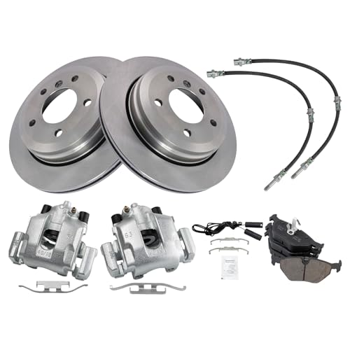 Image of TRQ Rear Brake Pad and Rotor Set Ceramic Rotors Calipers Hoses Compatible with 2001-2003 BMW 325xi