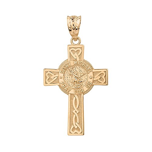 Solid 14k Yellow Gold Saint Michael Pray For Us Words Celtic Cross Pendant, 1.30