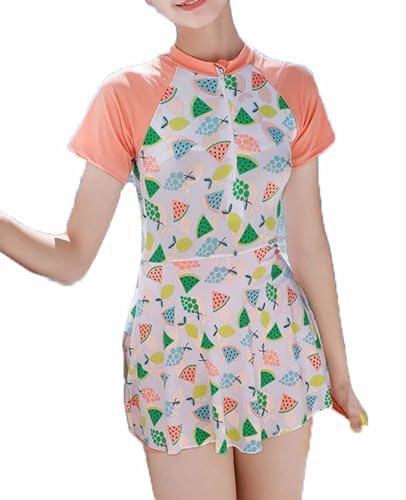 JadeRich Girls One Piece Short Sleeve Swimwear Rash Guard Swim Dress Zipper Skirted Bathing Suit One Size 10-12 Years