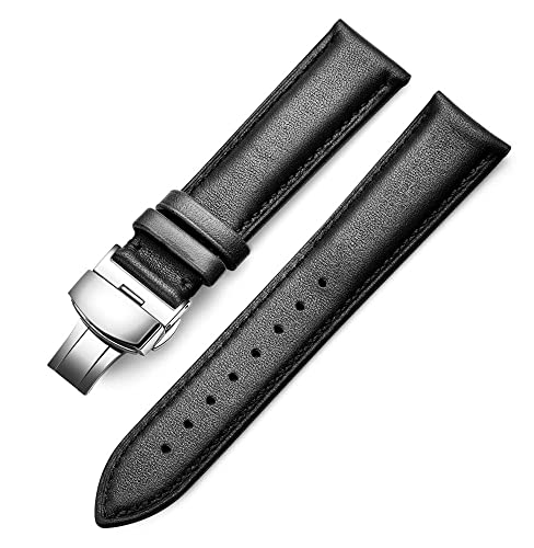 Image of 18mm 19mm 20mm 21mm 22mm 23mm 24mm Genuine Leather Butterfly Deployment Clasp Buckle Watch Band Strap Black Dark Brown TAN Blue Rose Black Gold White