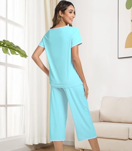 Image of NACHILA Women's Pajamas Set-Viscose Made from Bamboo,Short Sleeve Sleepwear Soft Pjs with Capri Pants Loose Loungewear