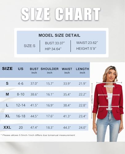 Women's Work Office Cropped Blazer 3/4 Sleeve Pad Shoulder Notched Collar Lightweight Stretch Jacket with Pockets3