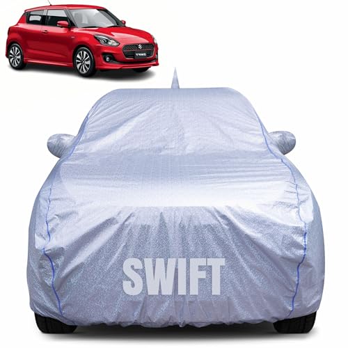 Image of 100% Waterproof Car Body Cover for Maruti Suzuki Swift (2012-2017) with Mirror Pocket, Heat & UV Resistant, Triple Stitched, Soft Lining, Bottom Elastic & Piping (Silver Reflective)
