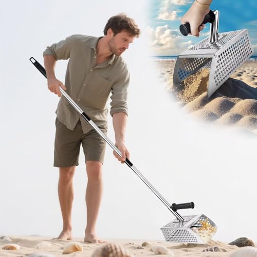 Sand Scoop for Metal Detecting - Metal Detector Sand Flea Rake for Beach with Anti Slip Handle Heavy Duty Stainless Steel Sand Shovel with Long Handle Ideal for Underwater Treasure Hunting (Silver