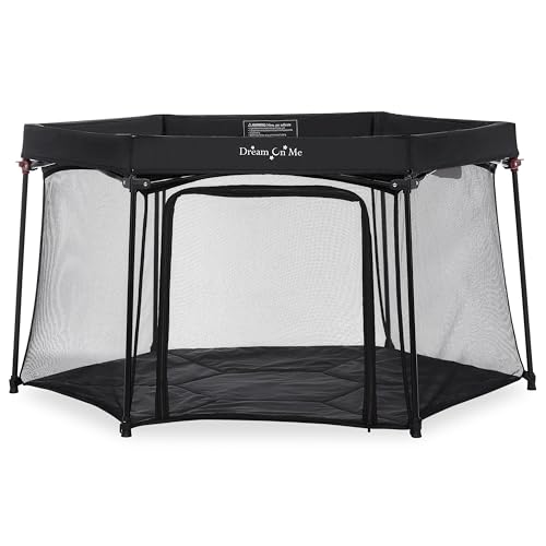 Dream On Me Onyx Baby Playpen, Zipper Access Door, Breathable Mesh Sides, Soft Comfortable Mattress Padded Floor, Easy Fold Design with Travel Carry Bag, Compact Easy to Fold Design - Black