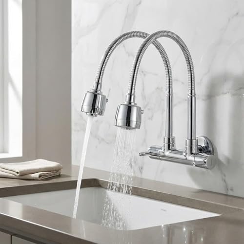 Image of KAMAL Two Way Sink Faucet Tab - Terra | SS 304 Fully Flexible Dual Flow Spout 50cm Length | Single Cold Water Inlet & Two Control Water Outlet | Brass Body Bib Tap Faucet (Wall Mount Installation)