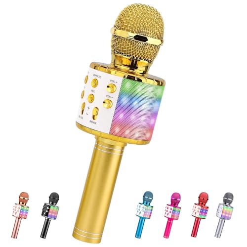 ShinePick Microfono Inalámbrico Karaoke, Micrófono Karaoke Bluetooth Portátil con Altavoz y LED para Niños Canta Partido Musica, Compatible con Android/iOS PC, AUX o Teléfono Inteligente (Dorado)