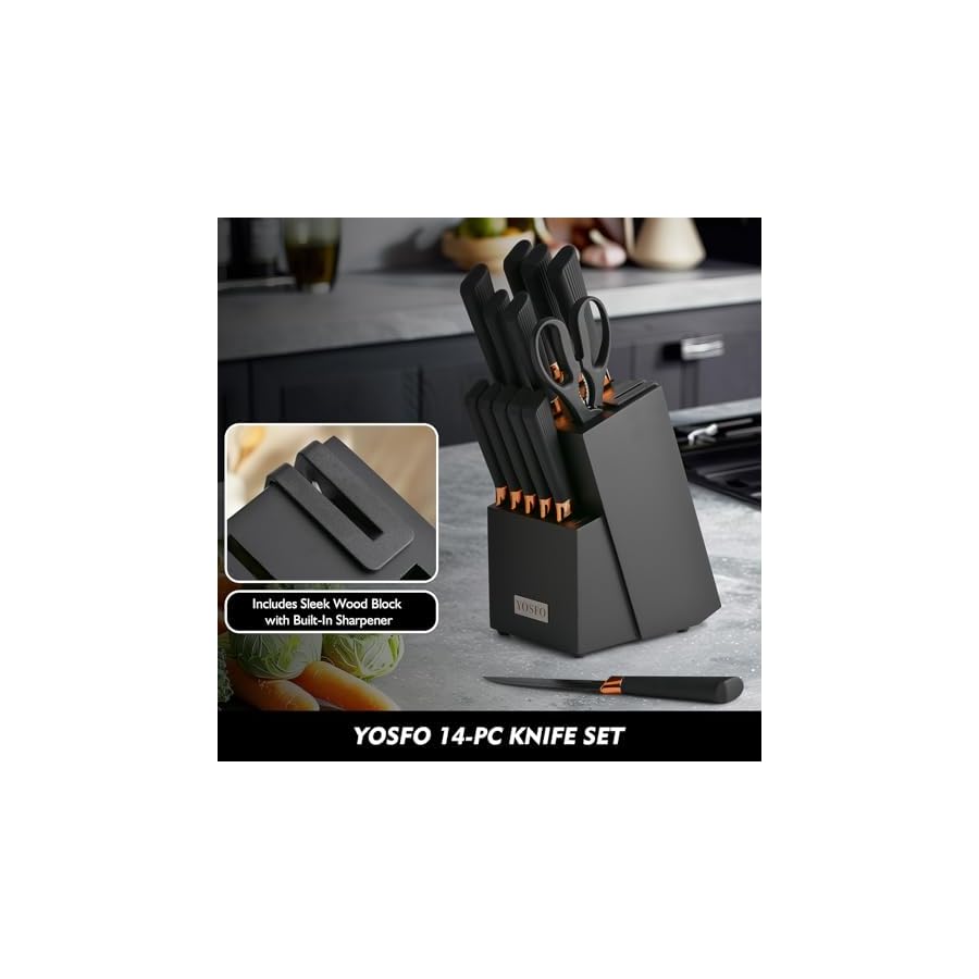 YOSFO Kitchen Knife Set,15 Pcs Knife Set with Block and Sharpener,High Carbon Stainless Steel Ultra Sharp,Dishwasher Safe