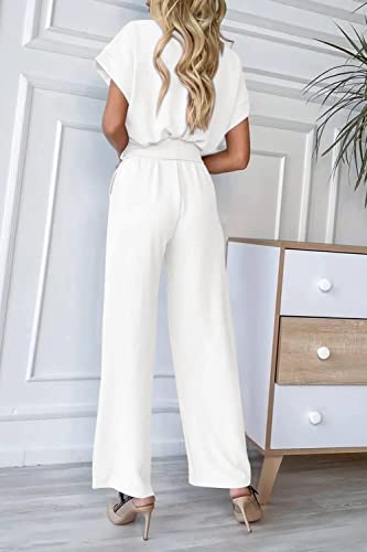 PRETTYGARDEN Women's Summer One Piece Jumpsuits Belted Short Sleeve Wrap V Neck Fashion Dressy Casual Wide Leg Pants Romper