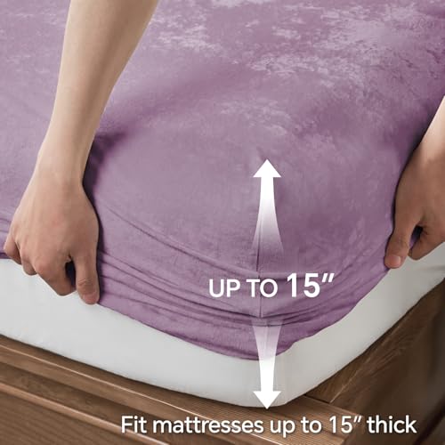 BEDELITE Velvet Fitted Sheet and Pillowcases Set, Luxury Soft Fuzzy Bottom Sheet with Reinforced Elastic Corner Straps, Deep Pocket up to 15 Inch, 1 Fitted Sheet and 2 Pillowcases (Queen, Lavender)