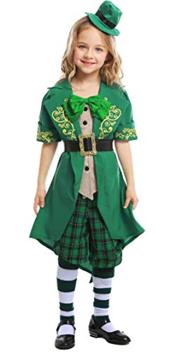 COSKING Deluxe Girls Leprechaun Costume St. Patrick's Day Holiday Costume Kids Halloween Cosplay Outfit (Medium, Green)