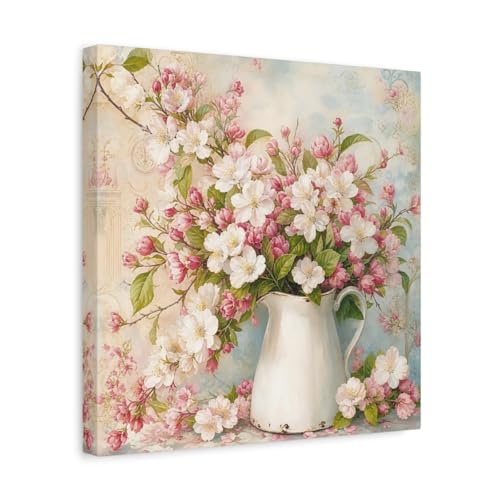 Tableau fleurs rose et blanc déco salon vintage et peinture florale sur toile 35x35