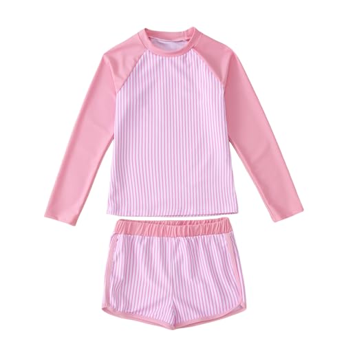 Image of Ritatte Girls Rash Guard Swimsuit 2 Pieces Stripe Bathing Suit Long Sleeve Rashguard Beach Shorts Summer Swimwear 7-12T(Pink,10-11T(150))