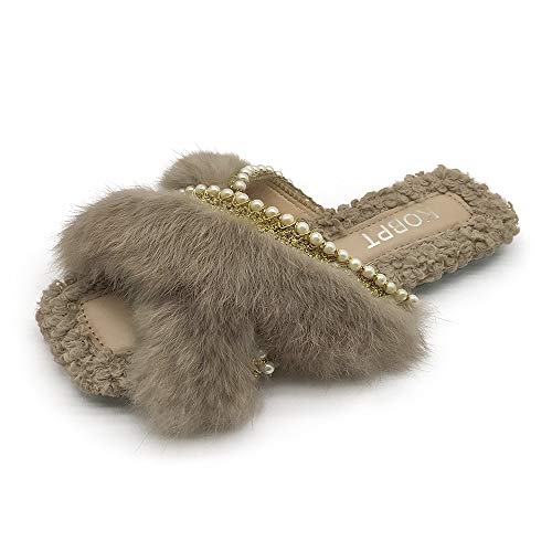 Women's Slippers Fluffy Plush Cozy Open Toe Cross Band Indoor Outdoor Shoe2