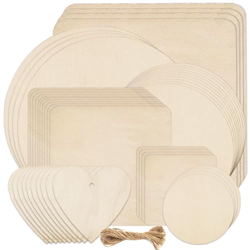 46Pcs Unfinished Blank Wood Slices - Pyrography Wood Blanks, 7Sizes Natural Wooden Pieces Round Square Hearts with Predrilled Hole &5M Twine, Woodcraft Circles for Craft, DIY, Decor Painting, Coasters