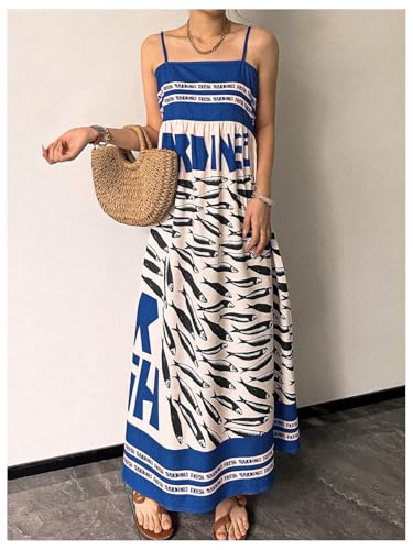 Image of SOLY HUX Women's Sundress Graphic Print Color Block Spaghetti Strap Flowy Summer Long Cami Dress