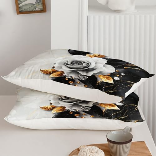 Image of QOOMO 3Pcs Flower Print Comforter Set Full Size,Cartoon Plants Bedding Set for Teens Boys Girls,Black White Comforter with 2 Pillowcases,Soft and Lightweight