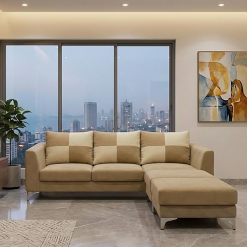 Image of Romeo Rich Velvet Suede 3 Seater Sofa Set with 2 Ottomans | Golden Aesthetic Legs | Spacious Soft Touch Comfort Seating | Modern Sofa for Living Room (Beige)