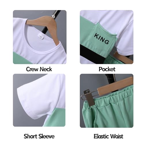 Image of OLMRJKD Boys 2 Piece Outfits Short Sleeve Colorblock T-shirt and Shorts Summer Casual Clothes for 6-12 Years