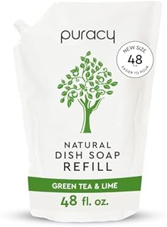 Puracy Dish Soap Refill, Green Tea & Lime, Kitchen Soap That Cares for Your Dishes and Your Hands, Natural Liquid Dishwashing Detergent Refills, Skin-Softening Sulfate-Free Dish Liquid, 48 Ounce