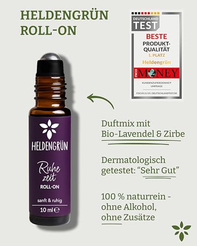 Heldengrün® BIO Roll-On 'Ruhezeit' [100% NATURREIN] Anti-Stress Duft - Dermatologisch getestet - Stressfrei Roll On mit Bio-Lavendel & Zirbe - 2-in-1: Duft & Pflege