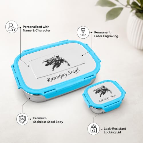 Image of SAVRI Personalized Stainless Steel Lunch Box with Your Child Name and Favourite Character Engraved on Tiffin Box. for Birthdays, Return Gift, Kids, Students, School Meal Box (Blue)