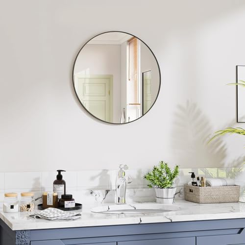 Image of VooBang Black Round Bathroom Mirror, 20 inch Circle Wall Mounted Hanging Mirror with Simple Modern Circular Metal Frame for Hallway, Entryway, Living Room, Black Frame