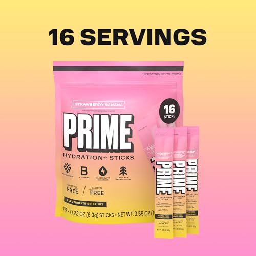 Image of PRIME HYDRATION+ Electrolyte Powder Sticks, Strawberry Banana, Sugar Free Hydration Drink Mix with Potassium, Magnesium & B Vitamins to Replenish Fluids, Caffeine Free, 16 Count