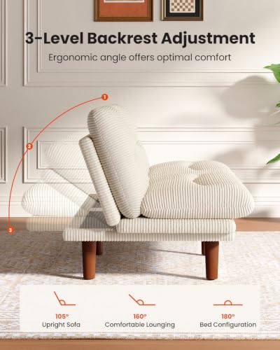 Image of Amada 75 inch Convertible Futon Sofa Bed, Corduroy Folding Futon Set with Adjustable Backrest &Armrests, Recliner Lounge for Living Room, Apartment or Office, Solid Wood Frame, Loveseat Sofa -White