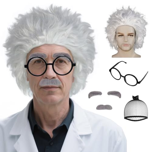 TIKJOYS White Crazy Scientist Wig Short Fuzzy Funny Spiky Old Man Wigs