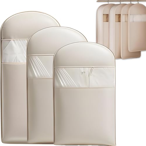 Space Saving Hanging Garment Bag with Self Compression Zipper, Otherwise Travel Clothes Bags for Down Coat Storage, Protector Dust Cover Closet Organizers (Beige, 3pcs) - Main Image