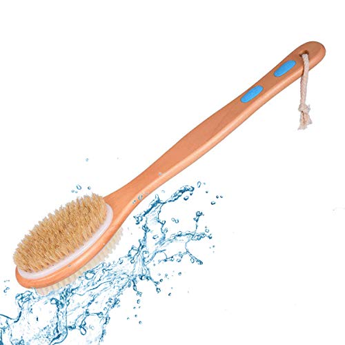RADESCOO Shower Brush, Back Brush Long Handle for Shower, Wet or Dry Brushing Body Brush, Bath Scrubber with Soft and Stiff Bristles for Body Exfoliating (Wooden)
