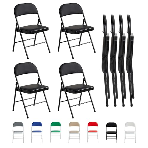 McC Direct Lot de 4 chaises pliantes en similicuir cadre métal siège rembourré facile à ranger pour la maison, bureau, salle à manger et réception (noir)