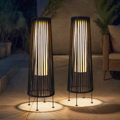 TRIROCKS Außenstehlampe, 2-Teilige Solarbetriebene Laterne, Geflochtene Solar-Terrassenlampe mit Olifen-Seil, Wasserdichtes Rattan-Solar-Decklicht für Terrasse, Garten, Rasen, Hof (Schwarz)