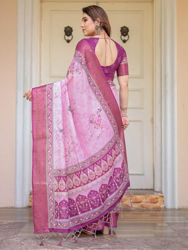 Image of ALMAARI FASHION Floral Printed Cotton Saree for Women with Handloom Zari Weave, Traditional Lightweight Ethnic Saree for Wedding Festive Office Party with Blouse Piece (LINEN 81-90 SH)