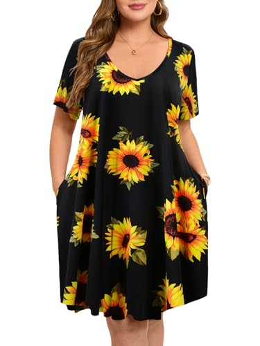 Image of ZENNILO Women's Plus Size Swing Dress with Pockets Casual Summer Dresses V Neck Short Sleeve T Shirt Dress for Women