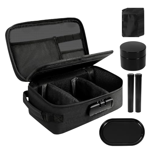 Smell Proof Bag with Combination Lock Lewooilt Smell Proof Container Stash Box with 5 Small Resealable Baggies 2 Doob Tube Glass Stash Jar and Storage Tray Black